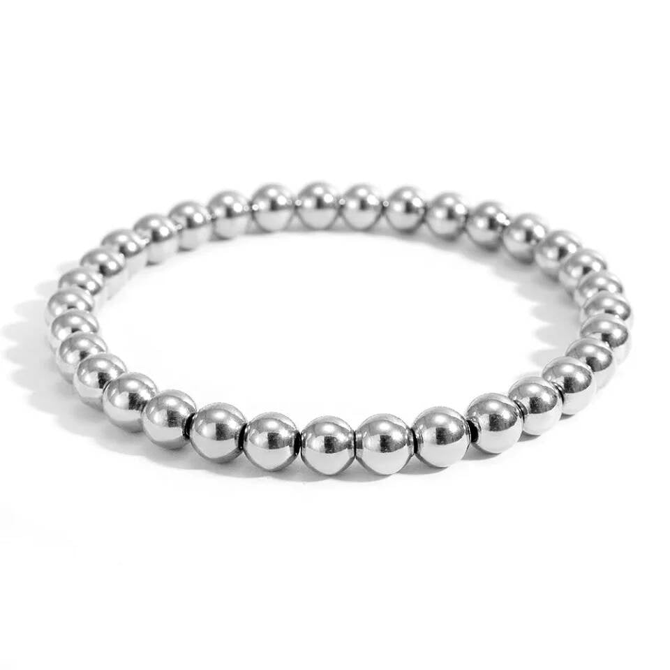 Gold Bead Bracelet – 316L Stainless Steel Polished Ball Beads Elastic Wristband, Minimalist Unisex Jewelry