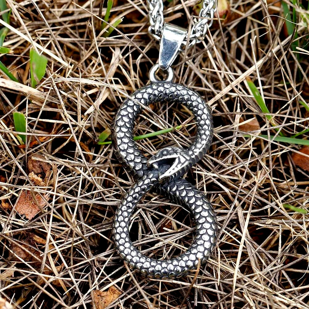 Snake-Inspired Infinity Pendant Necklace, Silver Tribal Jewelry with Scaled Design
