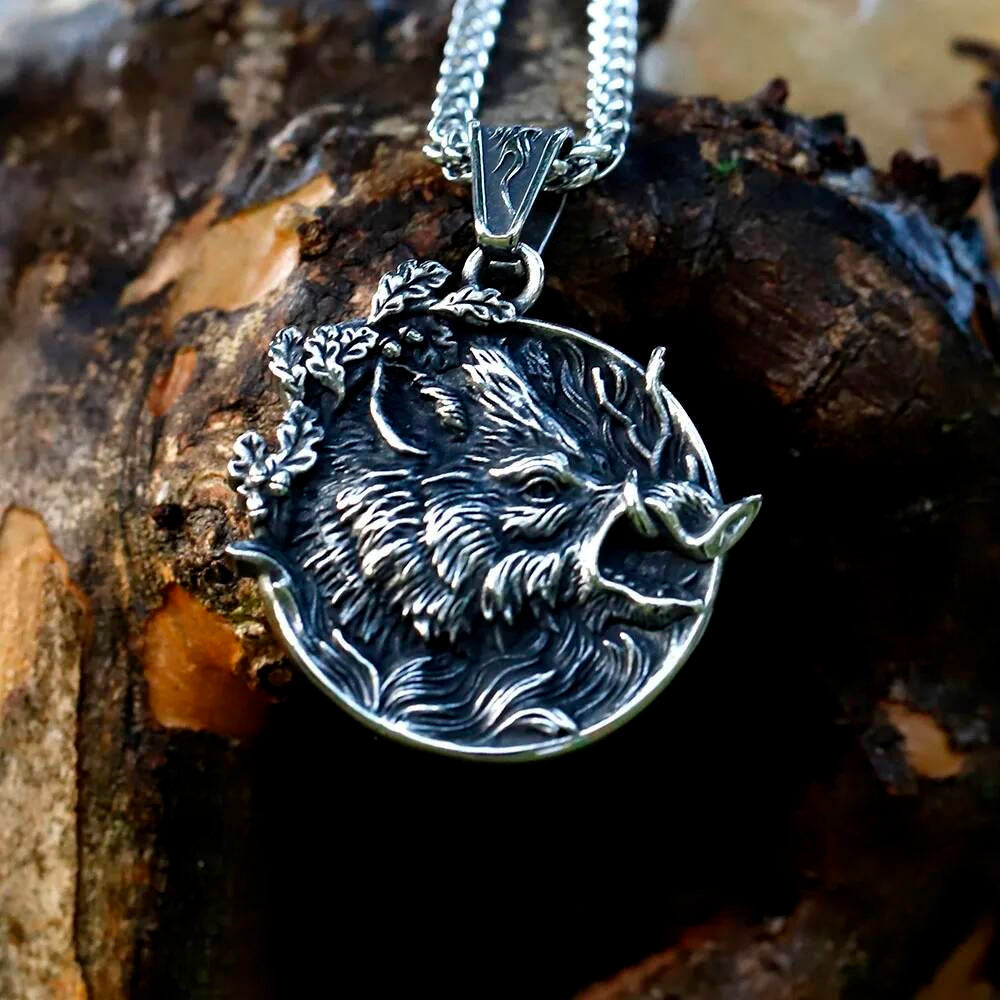 Wild Boar Pendant Necklace, Silver Tribal Jewelry with Detailed Animal Design