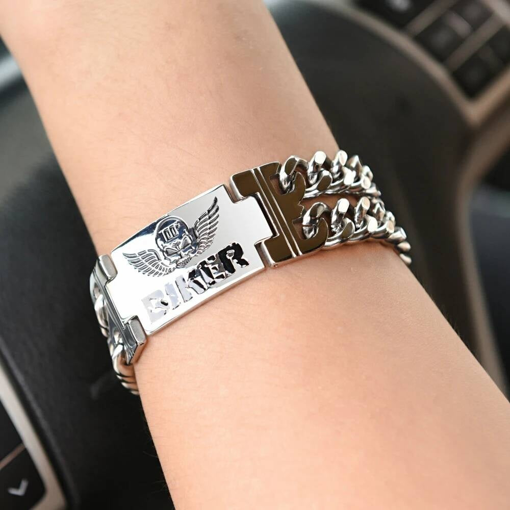 Biker Skull Bracelet for Men Gothic Punk Rock Heavy Metal Chain Jewelry 316L Stainless Steel with Leather Strap