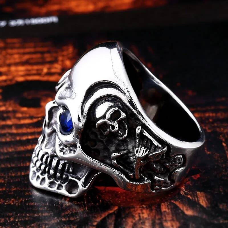 Red & Blue Eye Skull Ring – 316L Stainless Steel Gothic Evil Eye Accessory