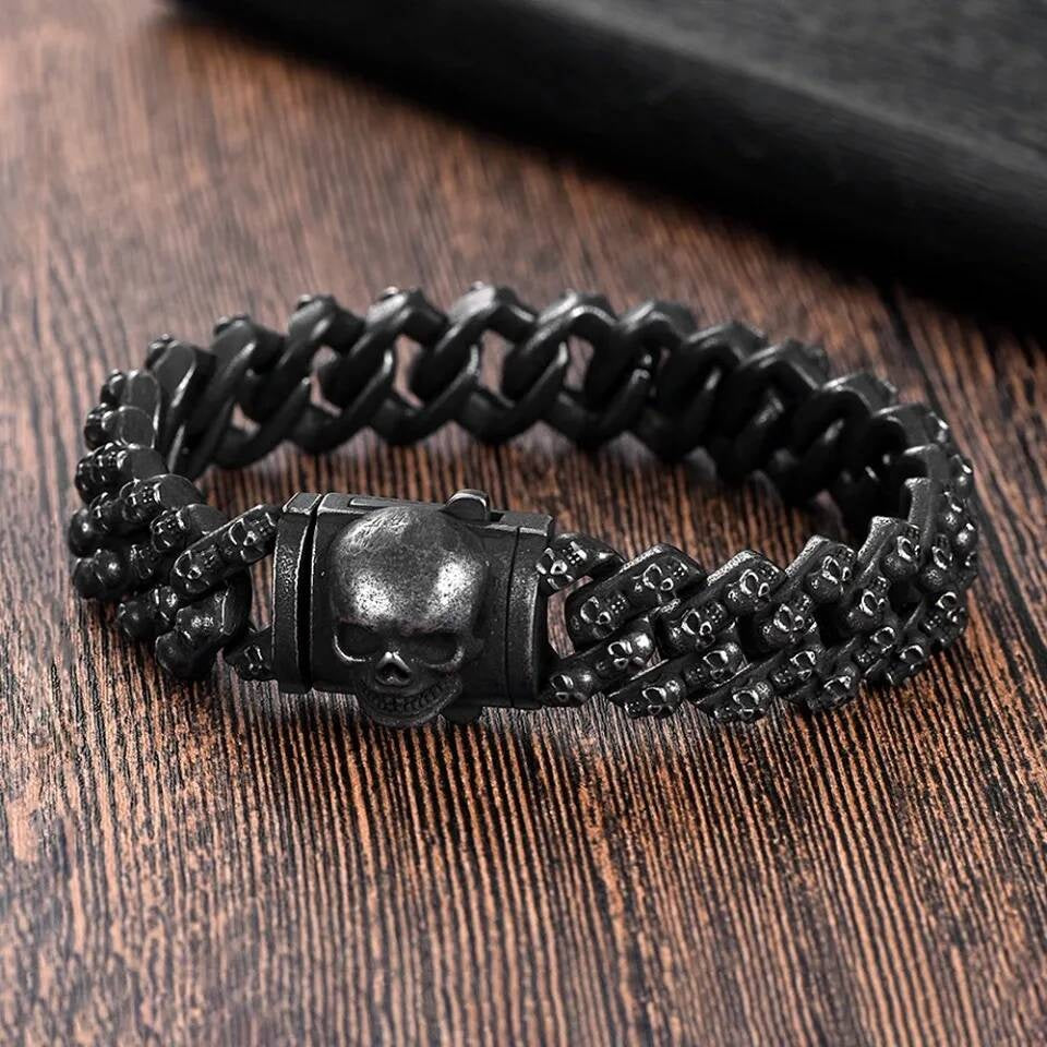 Black Skull Bracelet for Men Gothic Punk Rock Heavy Metal Chain Jewelry 316L Stainless Steel Biker Style