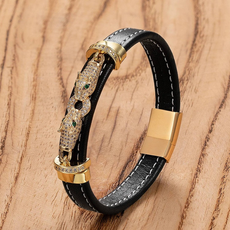 Style Classic Animal Leopard Head Hand Leather Braided Stainless Steel Bracelet For Man Woman Daily Wear Jewelry Gift Gold-D