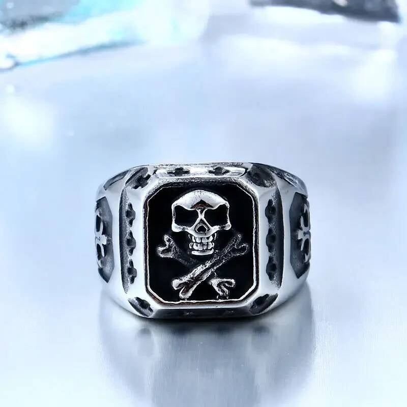 316L Stainless Steel Skull Crossbones Ring Gothic Punk Biker Jewelry