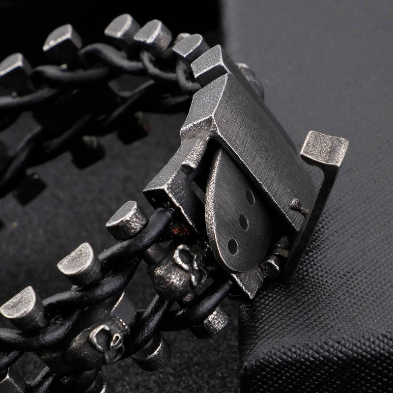 Stainless Steel 316L Skull Head Bracelet Men Pirate Viking Biker Jewelry With Black Genuine Leather