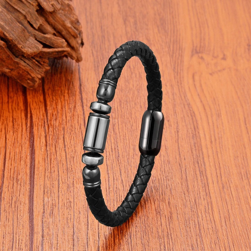 Black Braided Leather Bracelet with Green Jade Beads - Stylish Multi-Layer Magnetic Clasp Jewelry for Casual Wear and Gifts Hematite