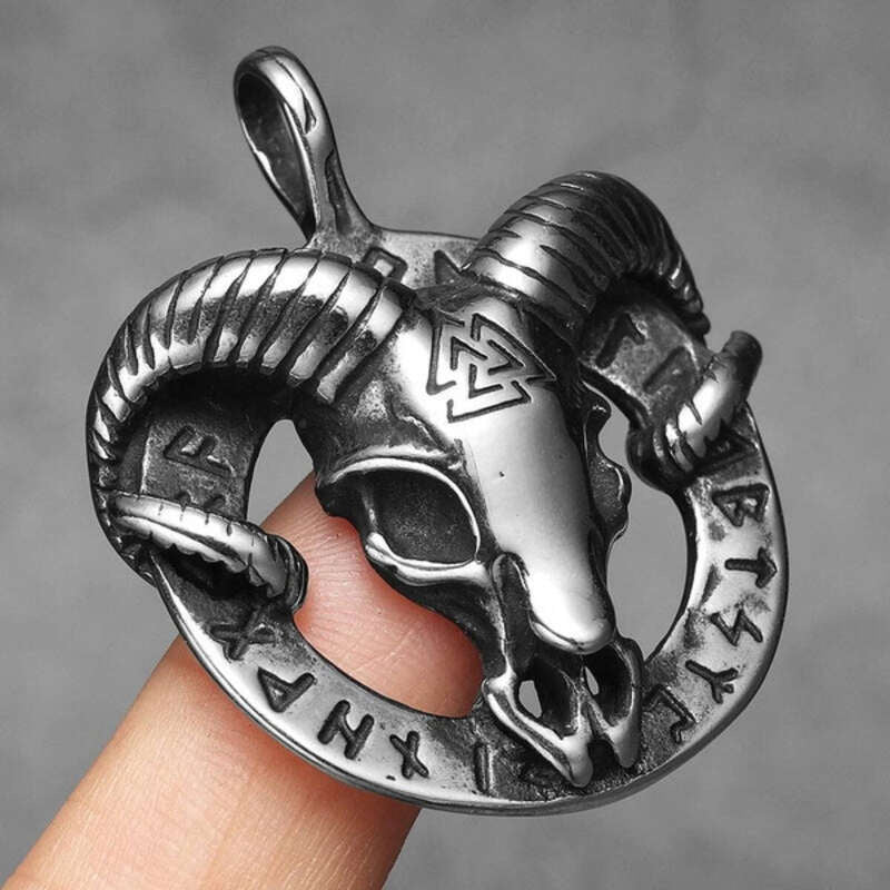 Viking Ram Skull Pendant Necklace – 316L Stainless Steel Norse Valknut Amulet with Runes