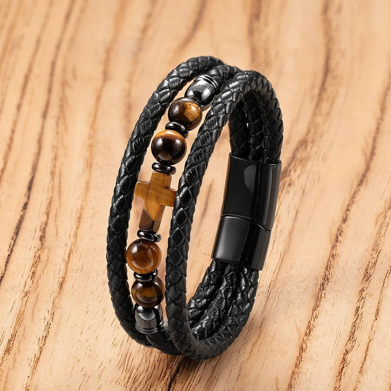 Black Braided Leather Bracelet with Green Jade Beads - Stylish Multi-Layer Magnetic Clasp Jewelry for Casual Wear and Gifts Style-F