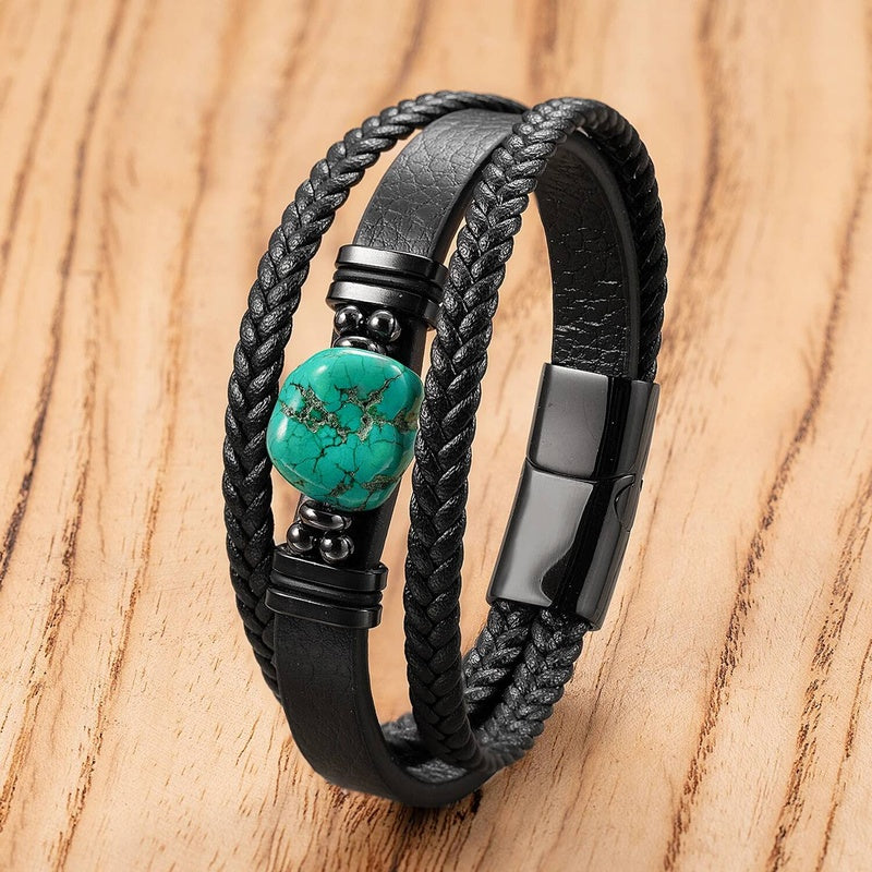Black Braided Leather Bracelet with Green Jade Beads - Stylish Multi-Layer Magnetic Clasp Jewelry for Casual Wear and Gifts Style-E