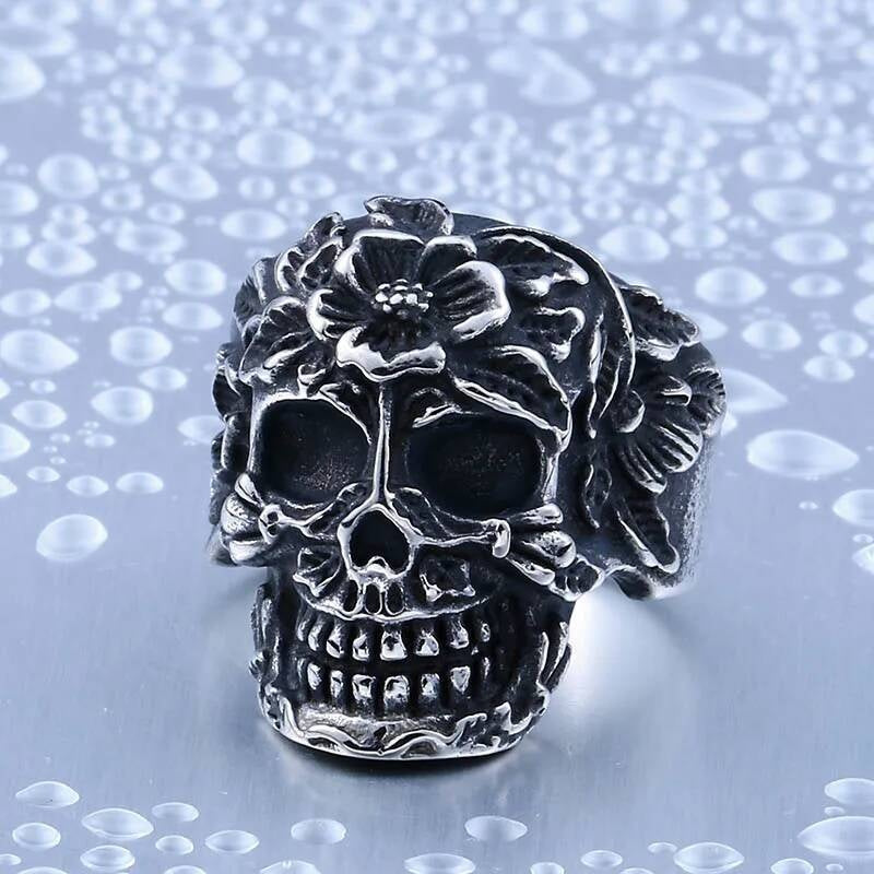 Floral Skull Ring – Gothic Stainless Steel Sugar Skull Biker Jewelry