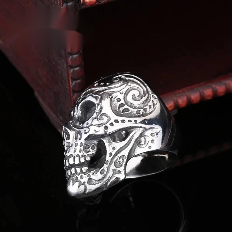 Floral Skull Garden Ring - Stainless Steel Gothic Nature Men's Jewelry