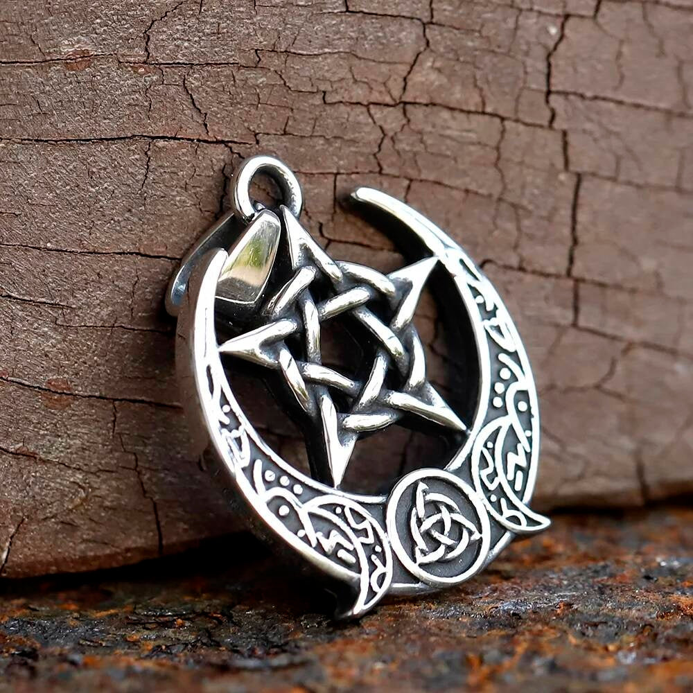 Celtic Moon Pentagram Pendant Necklace – Stainless Steel Wiccan Amulet
