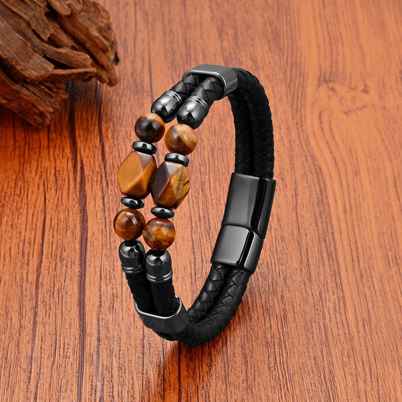 Black Braided Leather Bracelet with Green Jade Beads - Stylish Multi-Layer Magnetic Clasp Jewelry for Casual Wear and Gifts Tiger Eye Stone