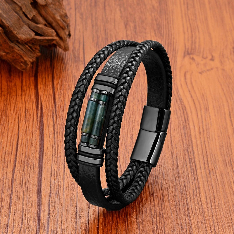 Trend Natural Stone Beads Bracelets Bohemia Jewelry Vintage Multilayer Leather Chain Friendship Bangles Boyfriend Gifts Moss Agate