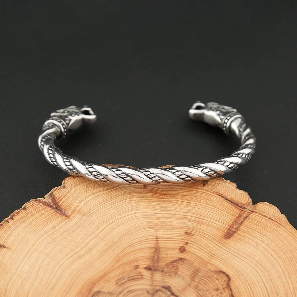 Viking Wolf Head Twisted Bangle – Stainless Steel Norse Armring