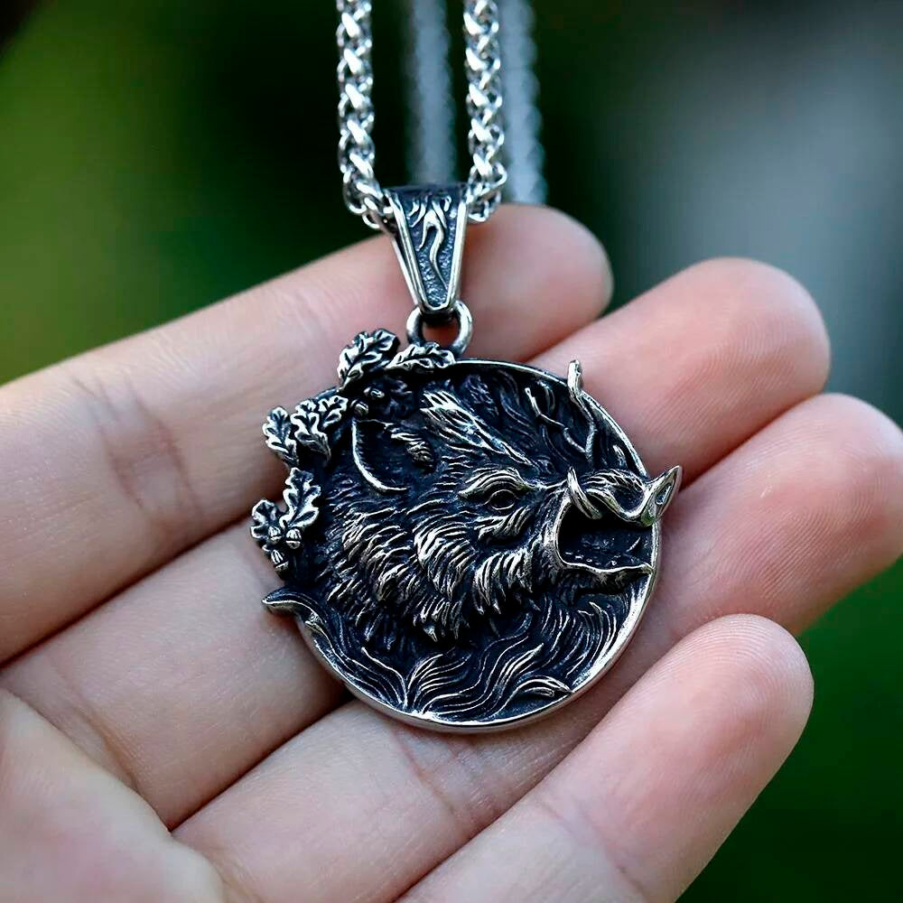 Wild Boar Pendant Necklace, Silver Tribal Jewelry with Detailed Animal Design