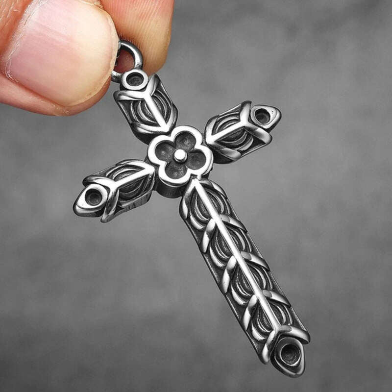 316L Stainless Steel Flower Cross Pendant Necklace for Men