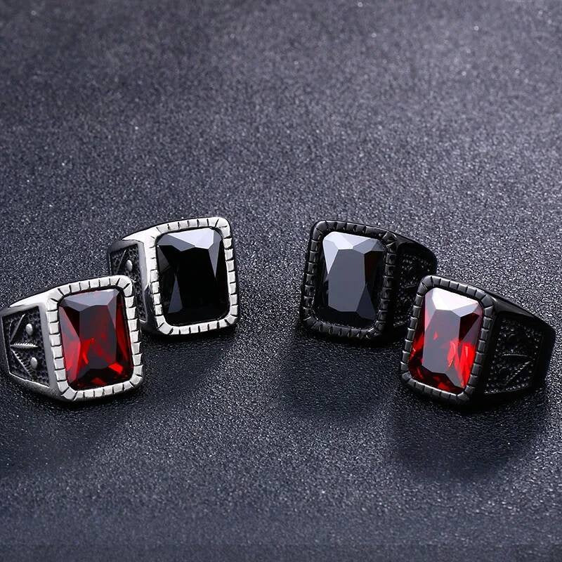 Black & Red Stone Vintage Rock Ring - Stainless Steel Gothic Statement Jewelry