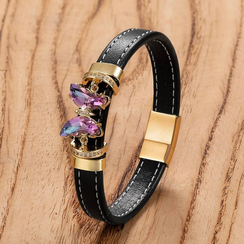 Men's Black Leather Gold Bow Accent Bracelet for Special Occasions Style-B