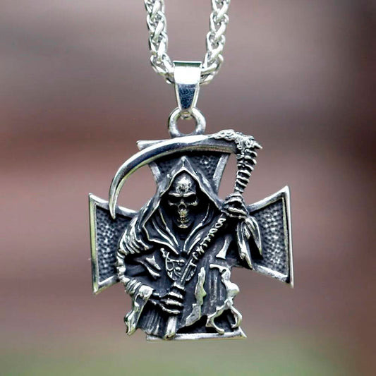 Grim Reaper Pendant Necklace – Stainless Steel Gothic Cross Jewelry