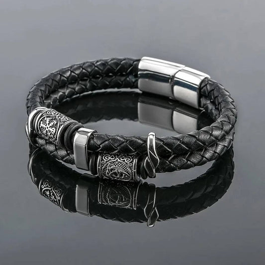 Viking Leather Bracelet – Norse Valknut Symbol Braided Leather & Stainless Steel Wristband