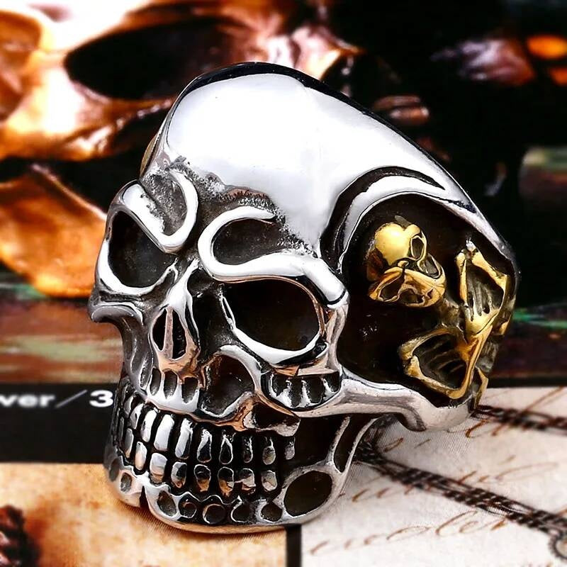Skull Ring with Gold Skeleton Detail – Stainless Steel Gothic Jewelry