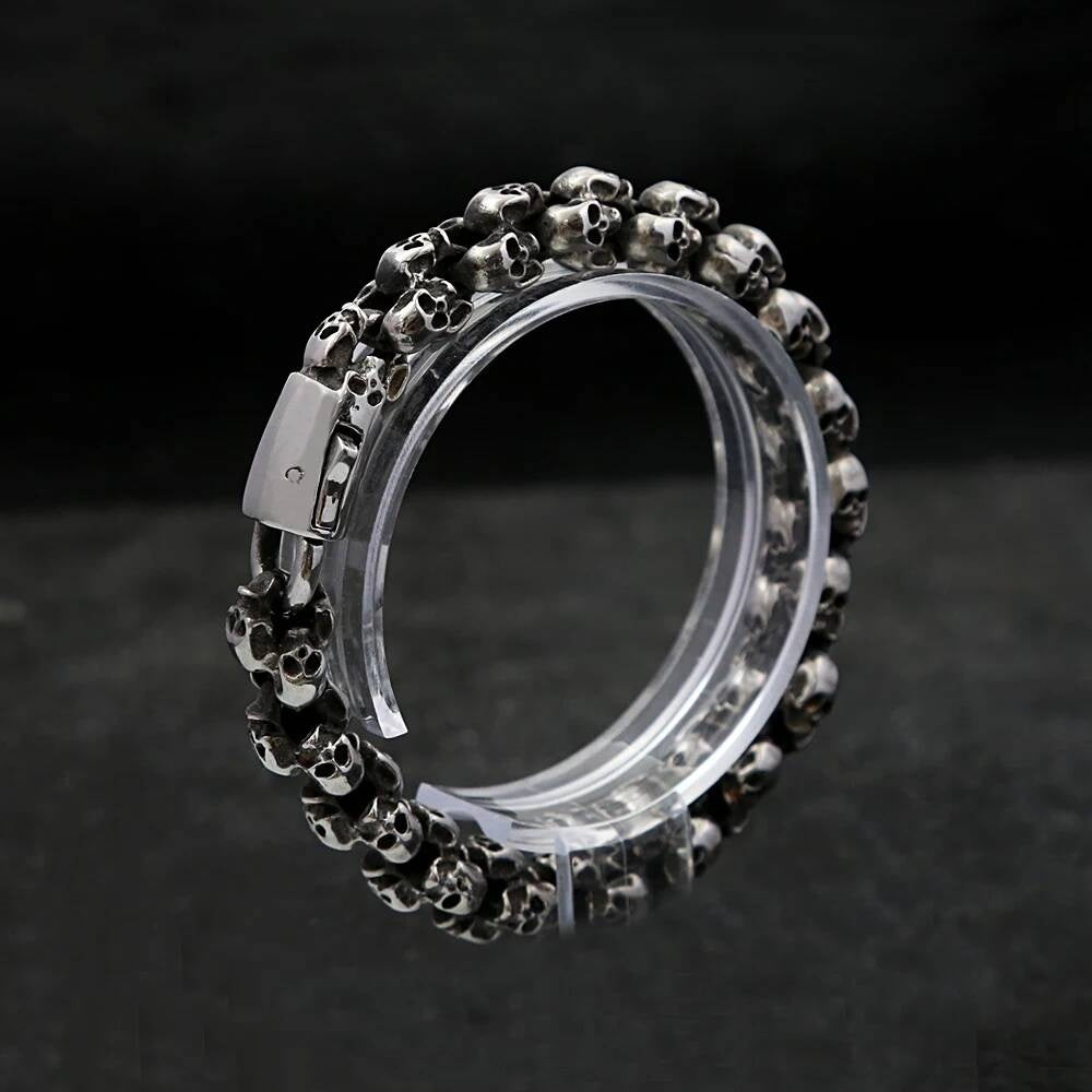 Double Layer Skull Bracelet for Men Gothic Punk Rock Heavy Metal Jewelry 316L Stainless Steel Biker Chain