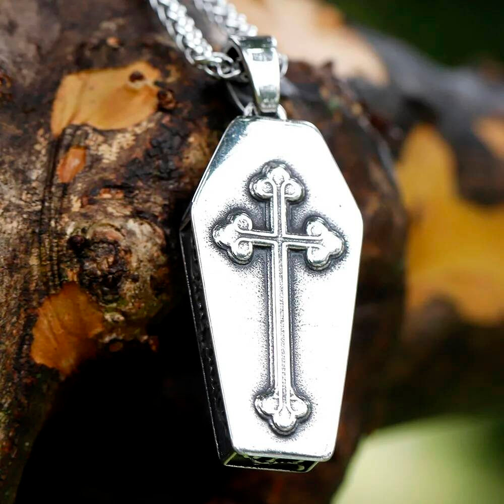 Gothic Cross Pendant Necklace – Stainless Steel Medieval Cross with Celtic Patterns
