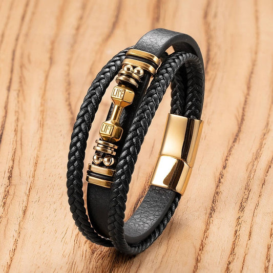 Weave Leather Dumbbell Shape Special Popular Pattern Men's Bracelet for Men Stainless Steel Jewelry Accessories Party Gift Gold-A