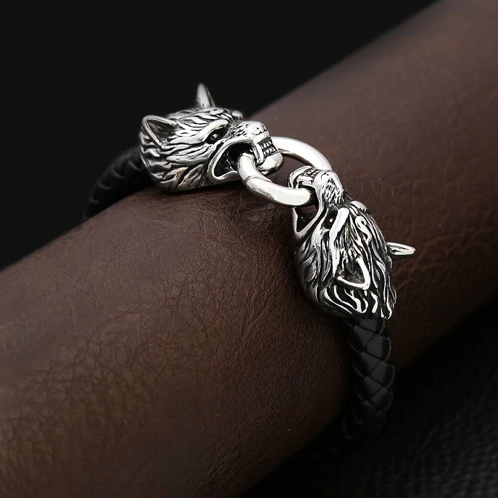 Viking Wolf Head Leather Bracelet – Norse Mythology Jewelry