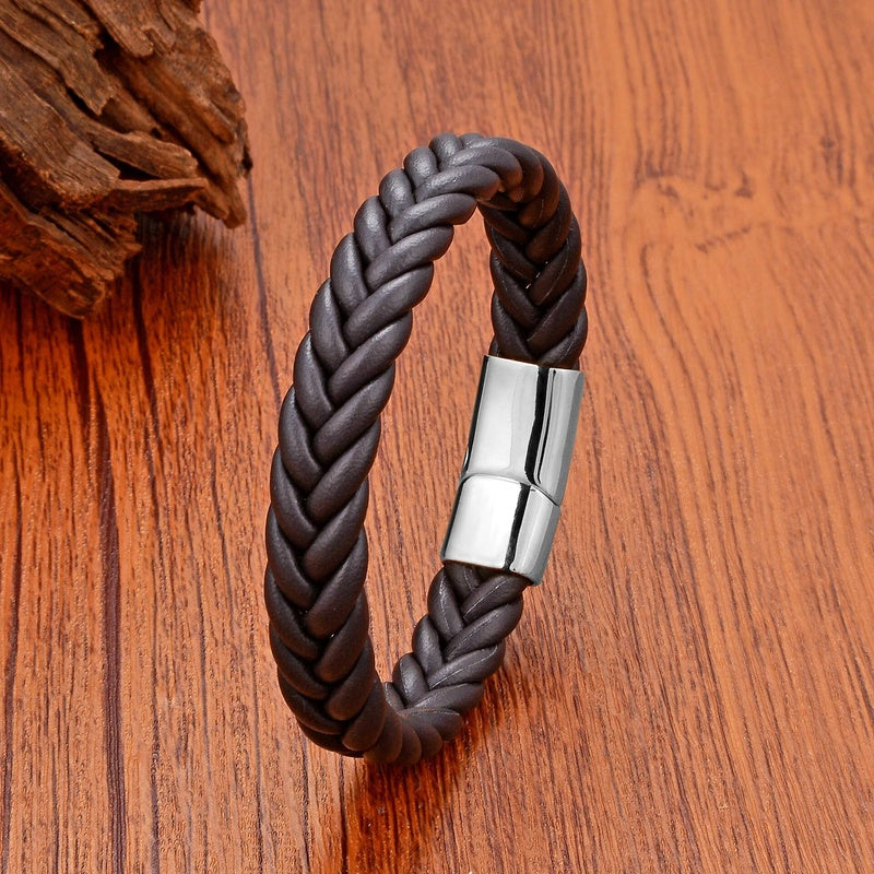 Black Braided Leather Bracelet with Green Jade Beads - Stylish Multi-Layer Magnetic Clasp Jewelry for Casual Wear and Gifts Brown Leather-White