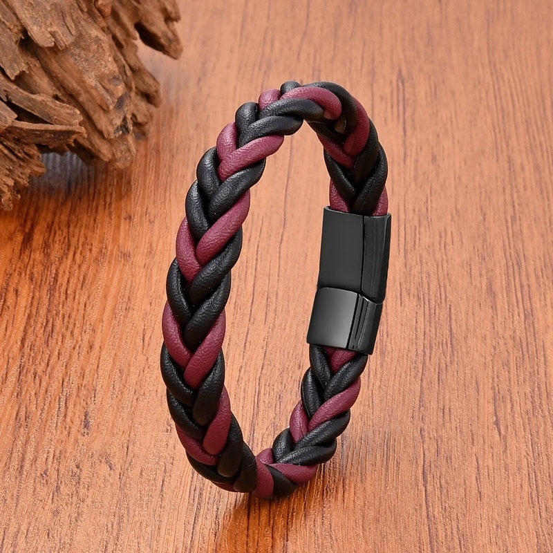 Retro Punk Style Men Gift Jewelry Braided Leather Rope Bracelets Stainless Steel Magnetic Buckle Personalized Bracelet Style A-Black