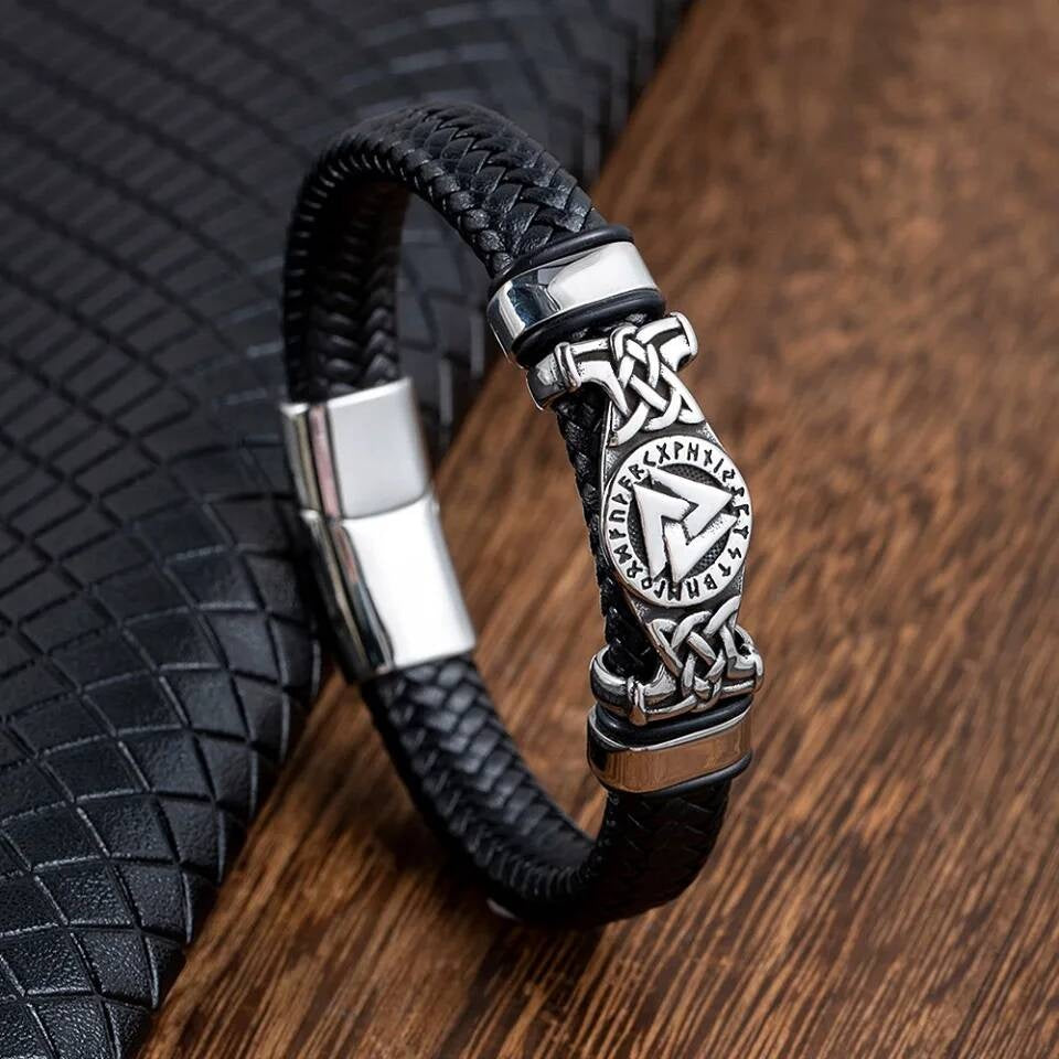 Viking Rune Leather Bracelet – Norse Symbol Stainless Steel & Braided Leather Wristband