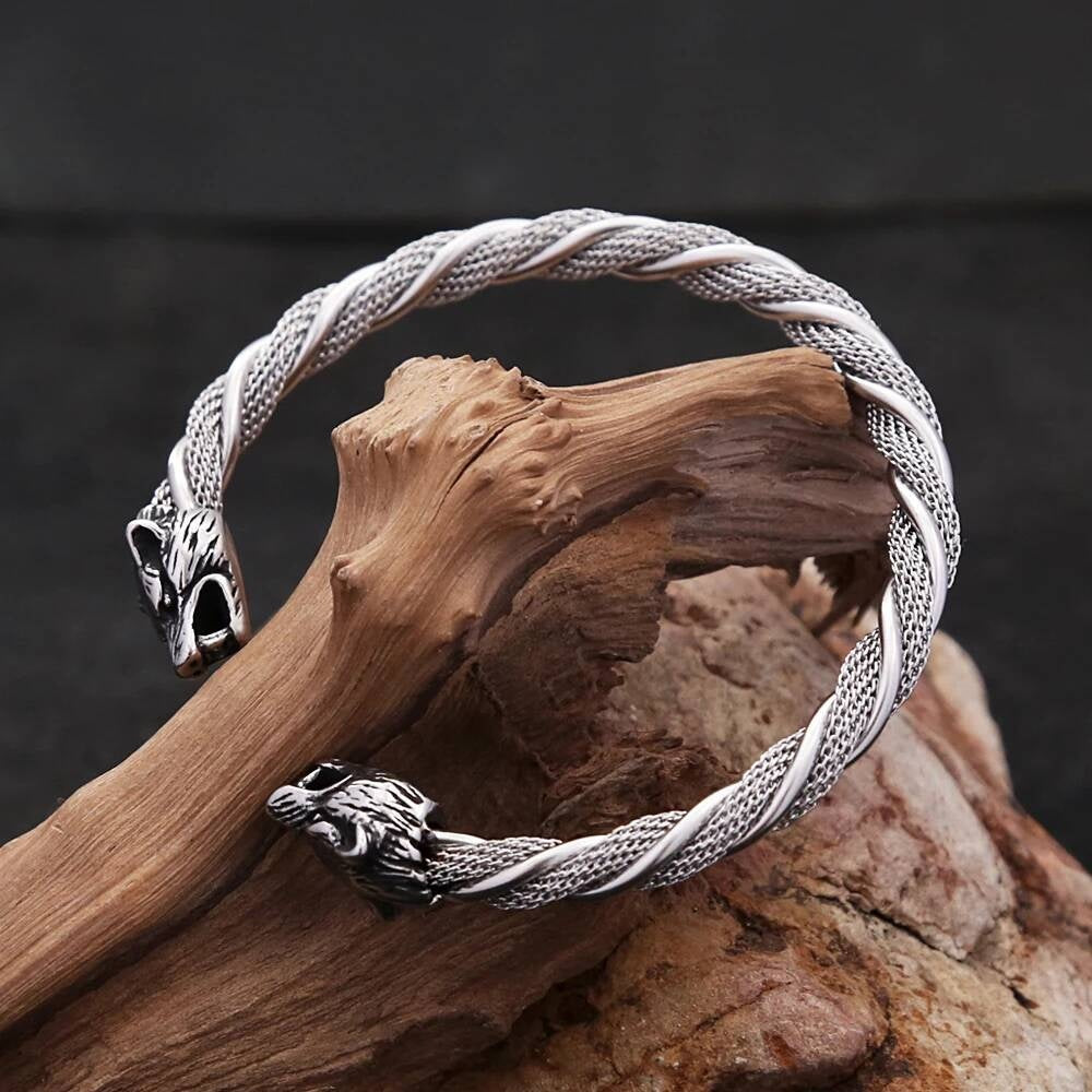 Wolf Head Stainless Steel Bangle – Viking Norse Open Cuff Bracelet