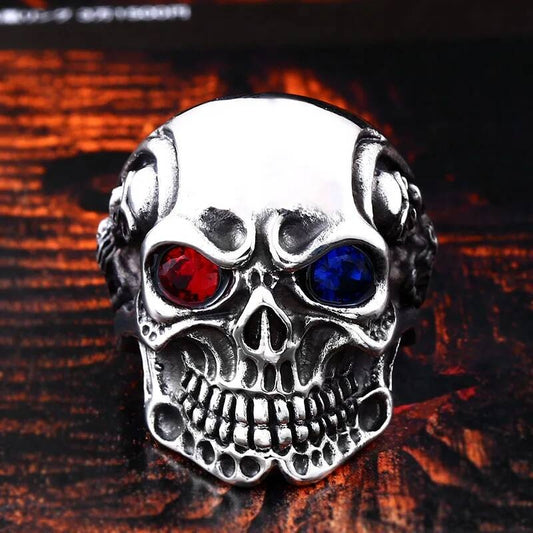 Red & Blue Eye Skull Ring – 316L Stainless Steel Gothic Evil Eye Accessory