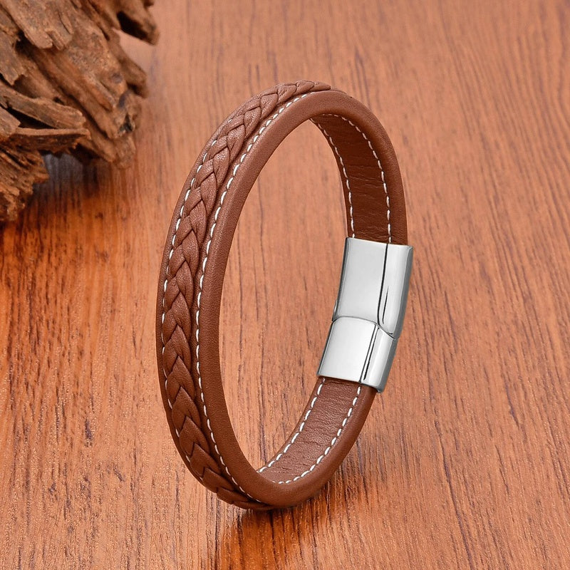 Vintage Men Europe and America Stainless Steel Magnet Open Bangle Multi-Size Woven Leather Hand Rope Classic Party Gift Present Style H-White