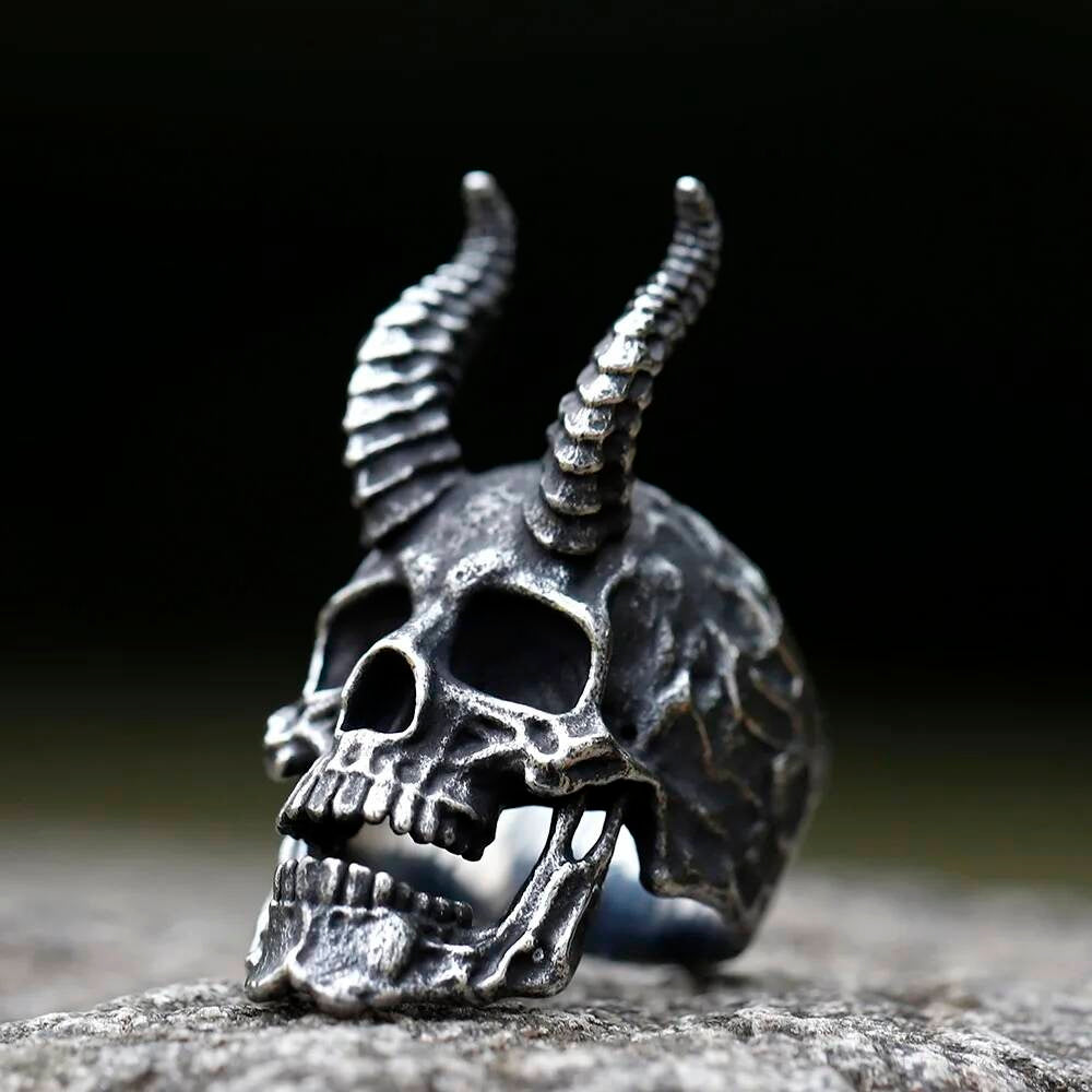 Satanic Skull Horn Ring – 316L Stainless Steel Gothic Statement A STYLE