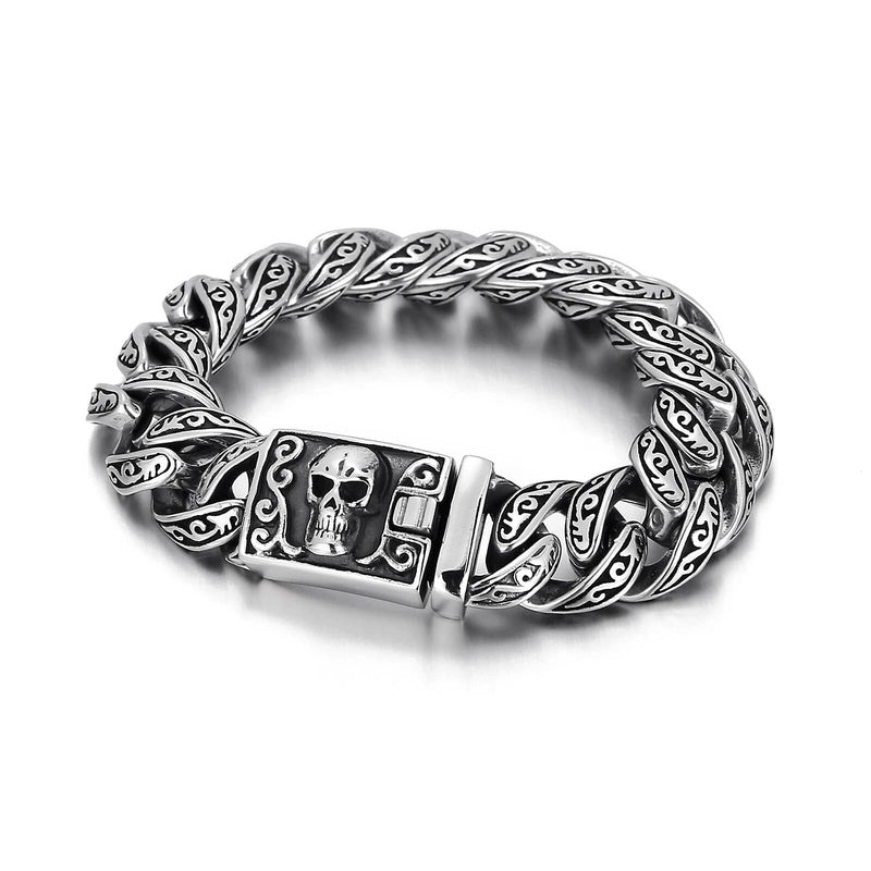 Engraved Name Vintage Cuban Curb Bracelet Men With Ghost Head Easy Hook 316L Stainless Steel