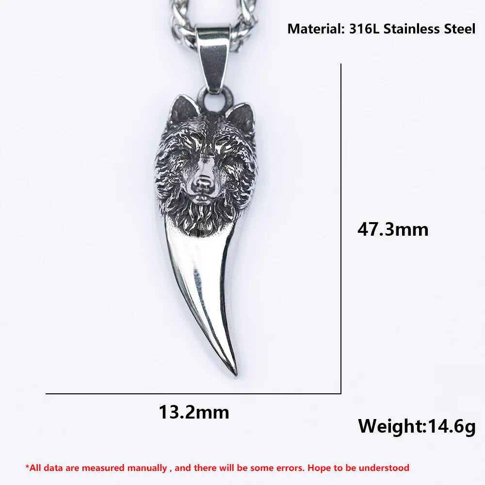 316L Stainless Steel Viking Wolf Head Fang Pendant Necklace for Men Women