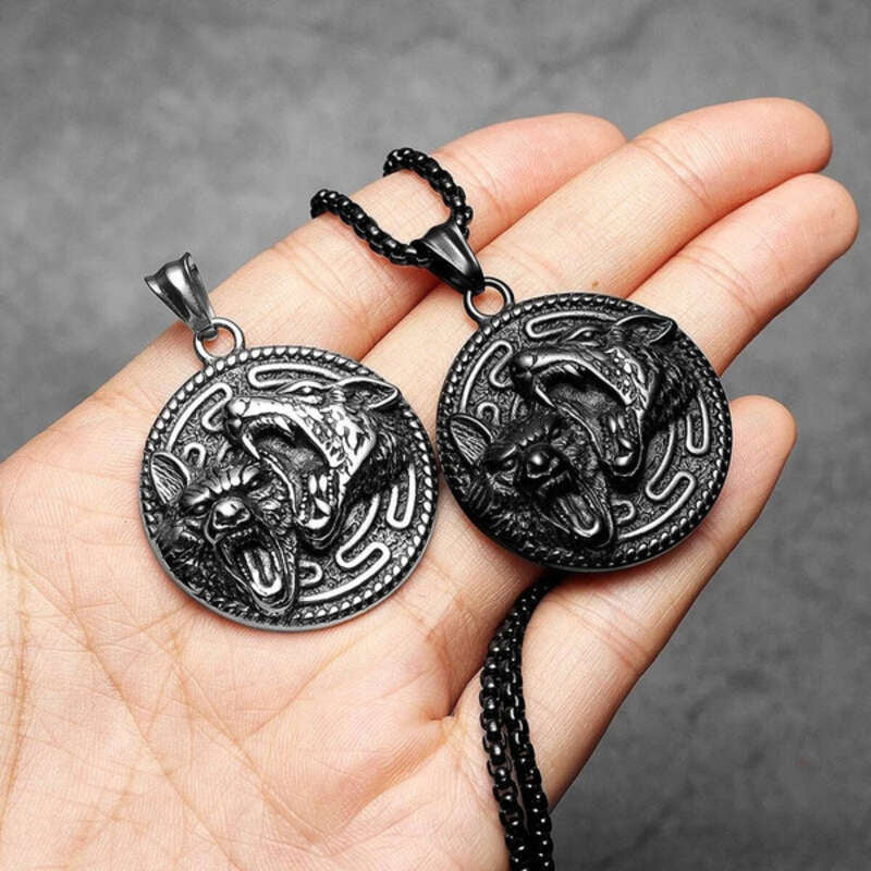 Dual Wolf Pendant Necklace, Fierce Silver Tribal Jewelry with Howling Wolves Design
