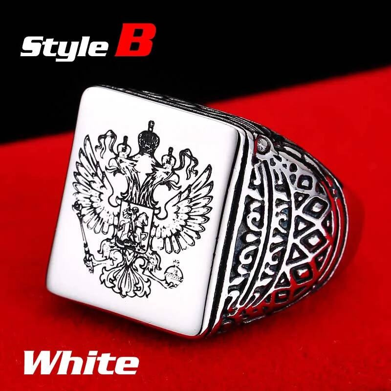 Russian Coat of Arms Signet Ring – Polished 316L Stainless Steel Biker Band B style white