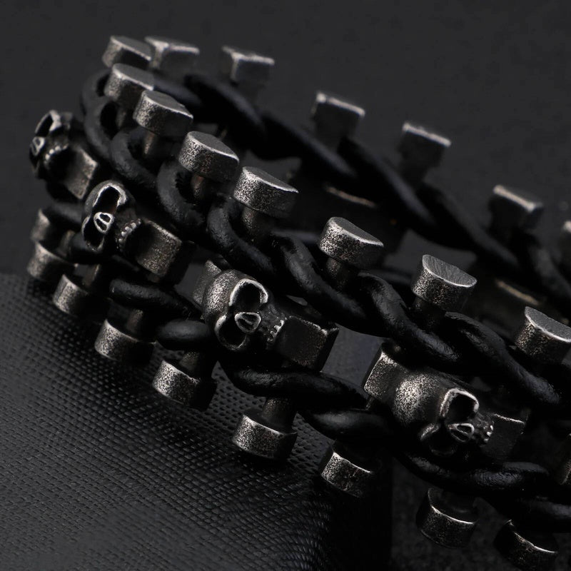 Stainless Steel 316L Skull Head Bracelet Men Pirate Viking Biker Jewelry With Black Genuine Leather