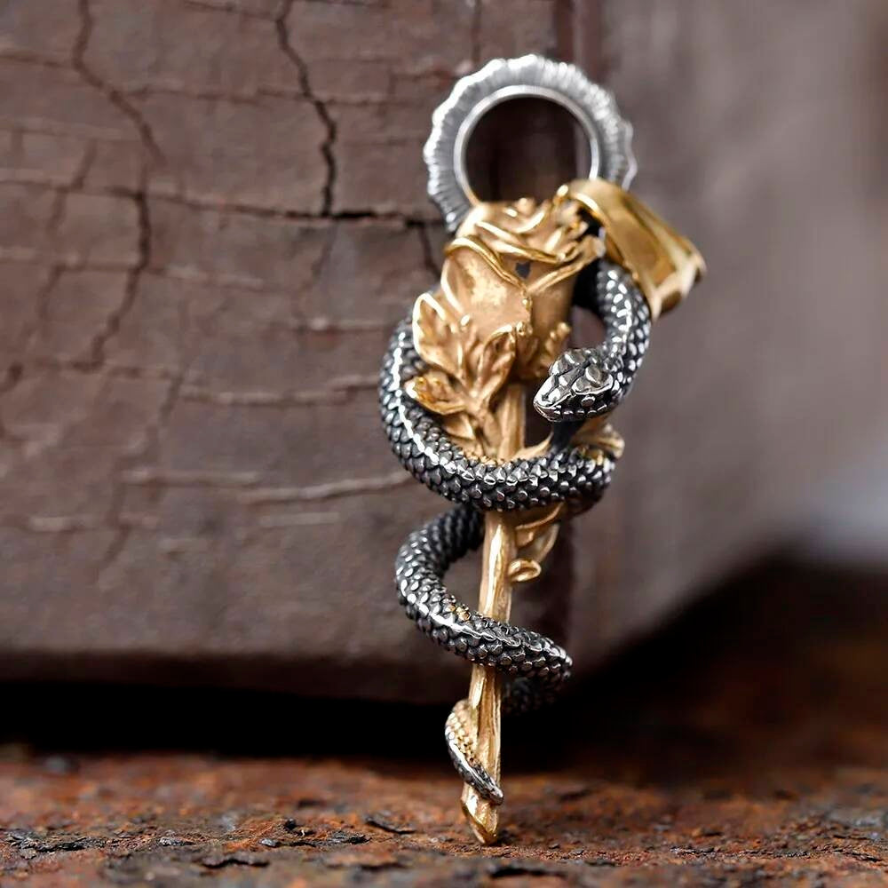 Rose and Serpent Pendant – Gothic Snake Wrapped Flower Necklace in Stainless Steel