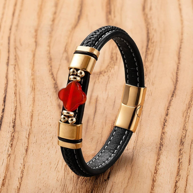 Black Braided Leather Bracelet with Green Jade Beads - Stylish Multi-Layer Magnetic Clasp Jewelry for Casual Wear and Gifts Style-C
