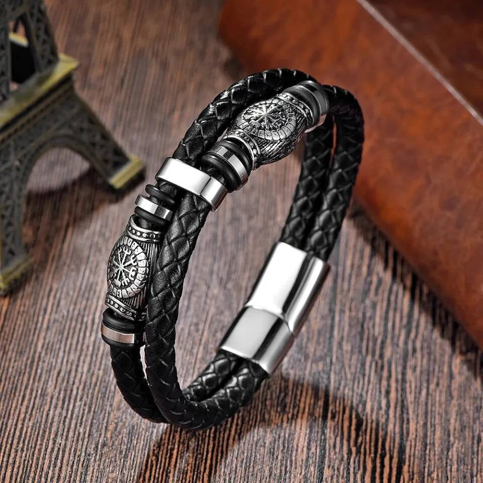 Viking Vegvisir Leather Bracelet – Nordic Compass Double Layer Wristband