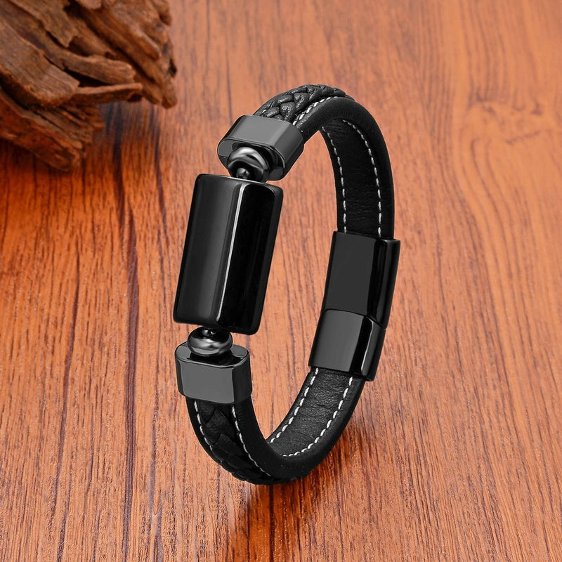 Oblong Agates Tiger Eye Beads Bracelet Women Accessories Leather Bangle Matching Bracelets for Man European and American Black Agate-Black