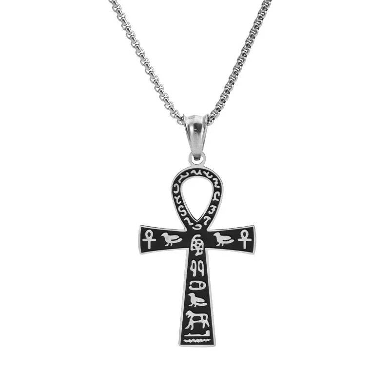 316L Stainless Steel Egyptian Anka Cross Pendant Chain Necklace For Men Vintage Jewelry Accessories Silver