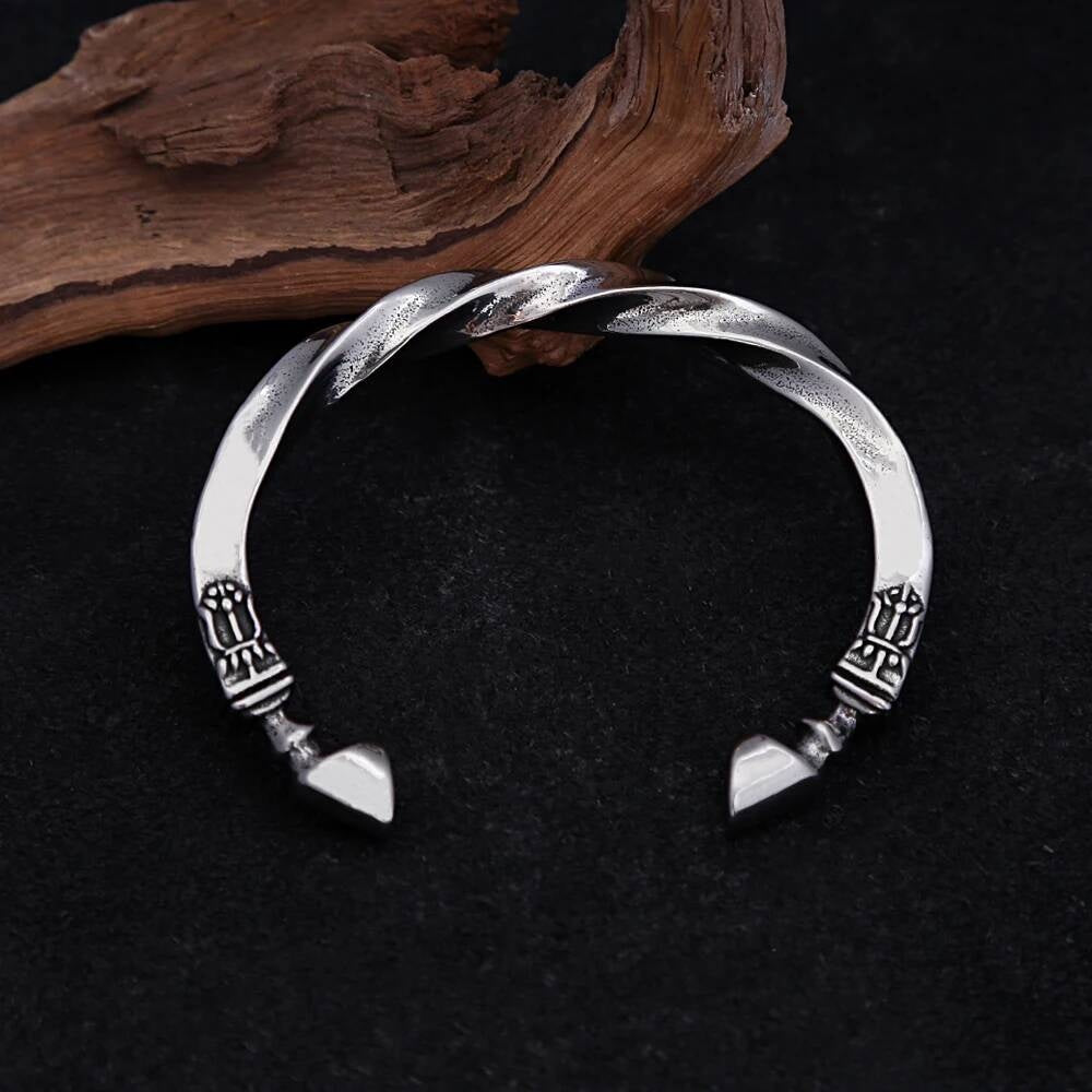 Vintage Twisted Stainless Steel Cuff Bracelet – 316L Silver Bangle with Carved End Details