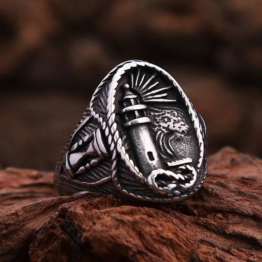 Vintage Viking Lighthouse Ring – 316L Steel Nautical Signet Band