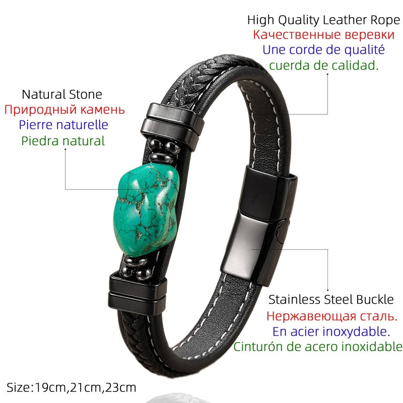 Black Braided Leather Bracelet with Green Jade Beads - Stylish Multi-Layer Magnetic Clasp Jewelry for Casual Wear and Gifts